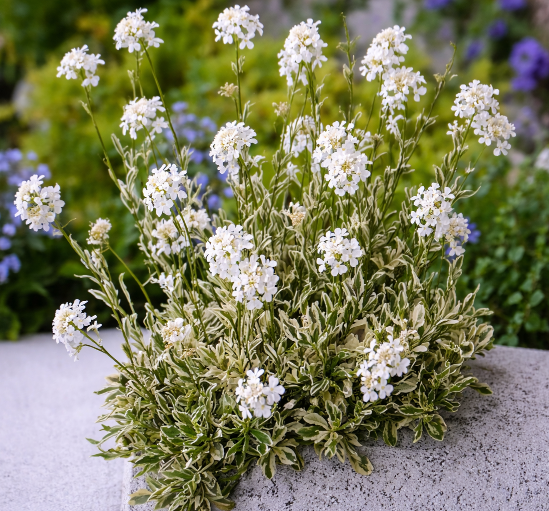 Sziklakertbe ajánljuk, egész évben sárga-zöld tarka lomb.